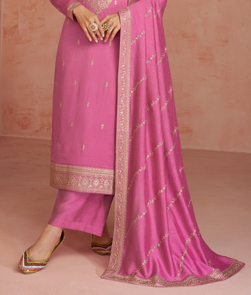 Rose Pink Designer Embroidered Silk Party Wear Palazzo Suit-Saira's Boutique