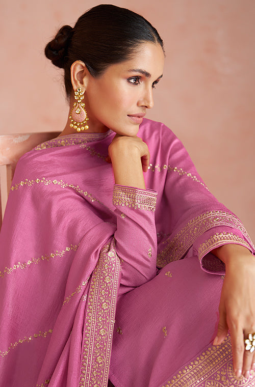 Rose Pink Designer Embroidered Silk Party Wear Palazzo Suit-Saira's Boutique