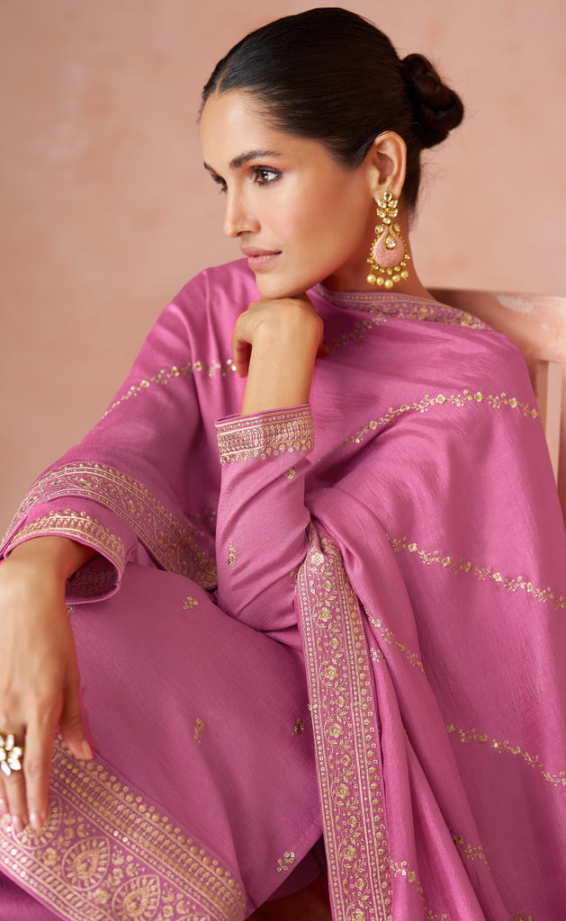 Rose Pink Designer Embroidered Silk Party Wear Palazzo Suit-Saira's Boutique