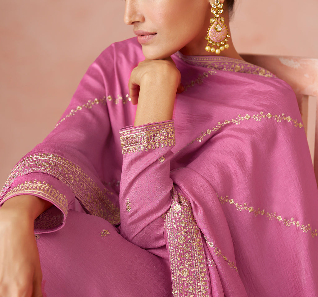 Rose Pink Designer Embroidered Silk Party Wear Palazzo Suit-Saira's Boutique