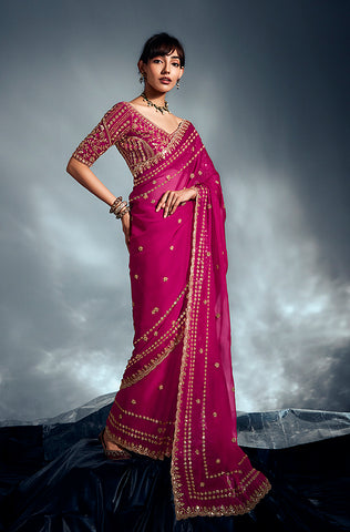 Mulberry Pink Designer Embroidered Jacquard Silk Wedding Lehenga