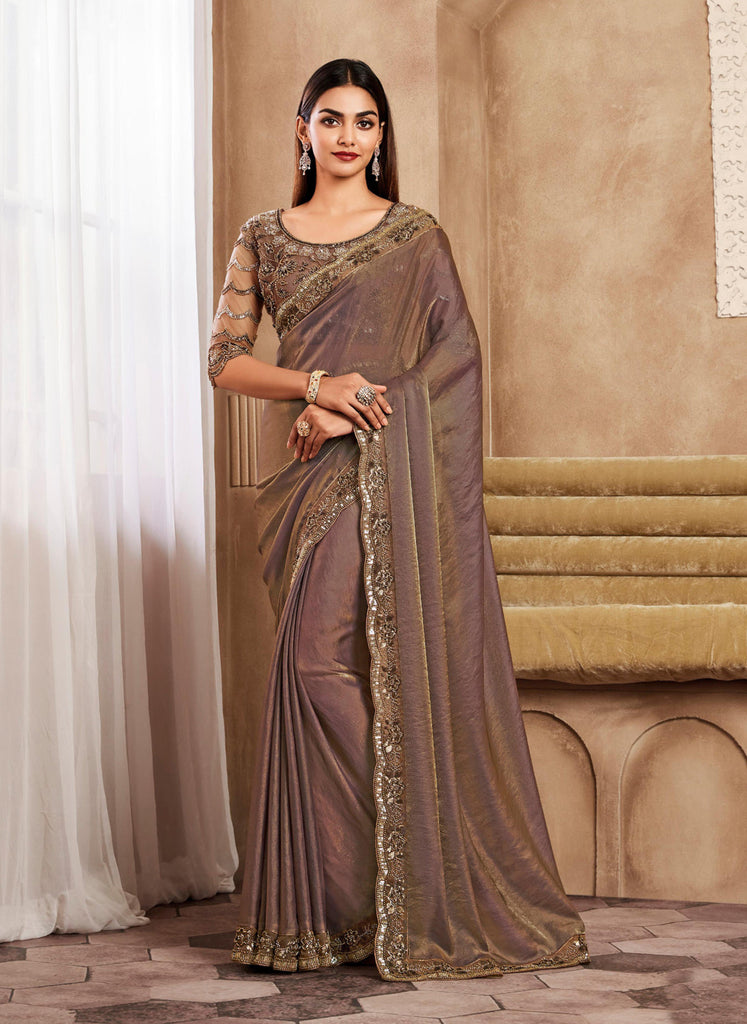 Saddle Brown Designer Embroidered Silk Wedding Party Wear Saree-Saira's Boutique