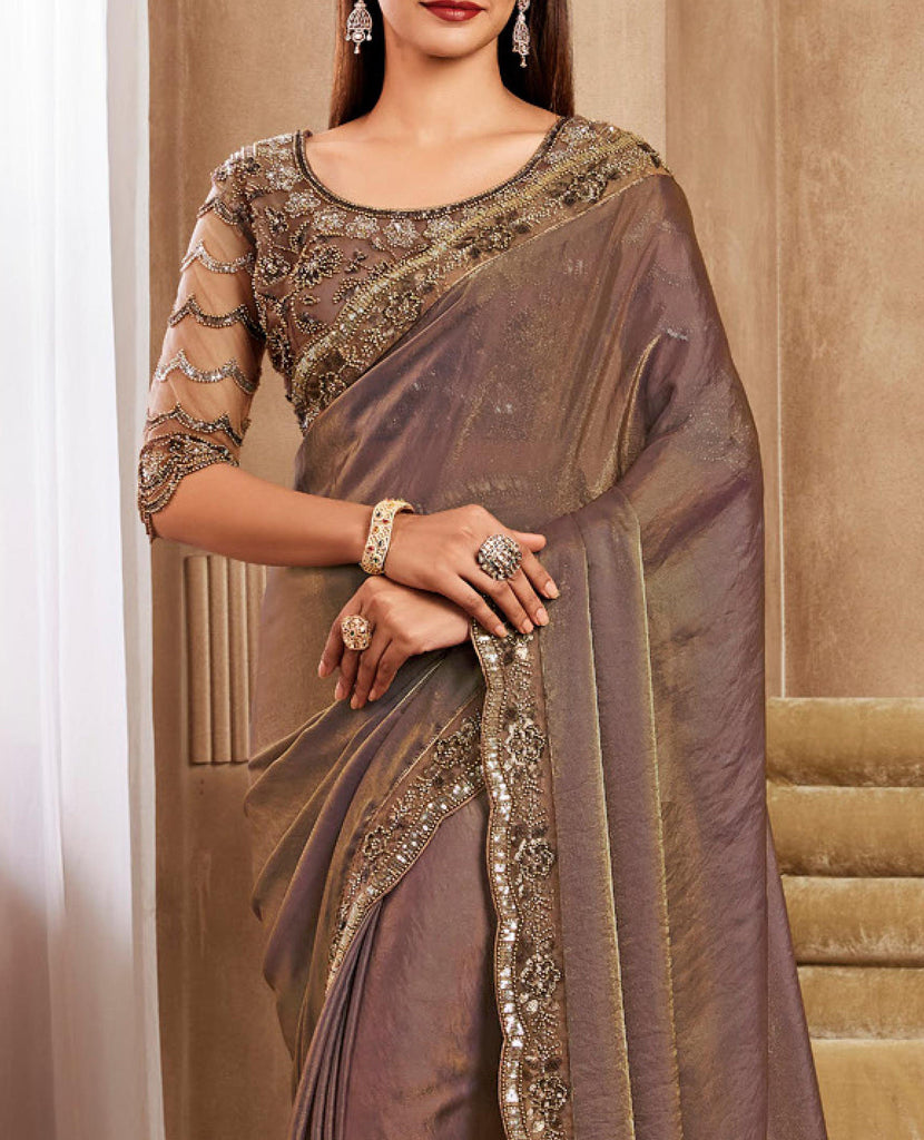 Saddle Brown Designer Embroidered Silk Wedding Party Wear Saree-Saira's Boutique