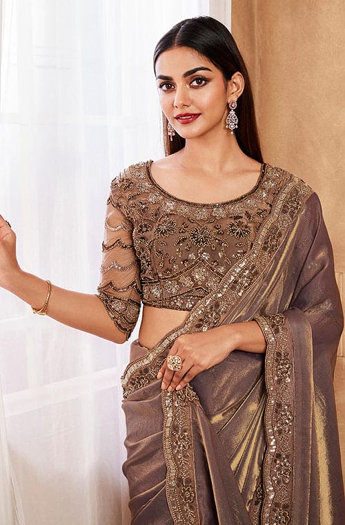 Saddle Brown Designer Embroidered Silk Wedding Party Wear Saree-Saira's Boutique