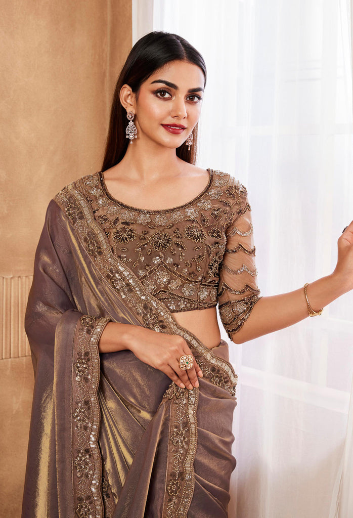 Saddle Brown Designer Embroidered Silk Wedding Party Wear Saree-Saira's Boutique