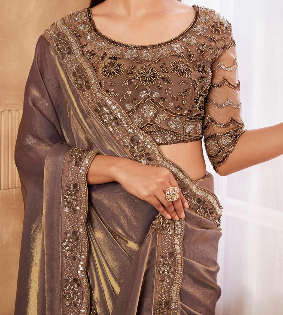 Saddle Brown Designer Embroidered Silk Wedding Party Wear Saree-Saira's Boutique