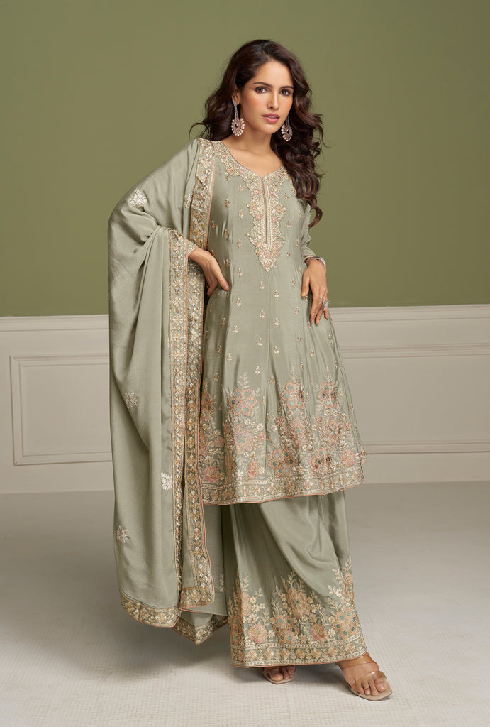 Sage Green Designer Embroidered Party Wear Kurti Style Palazzo Suit