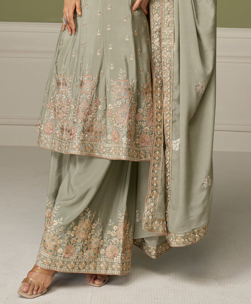 Sage Green Designer Embroidered Party Wear Kurti Style Palazzo Suit