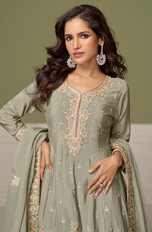 Sage Green Designer Embroidered Party Wear Kurti Style Palazzo Suit