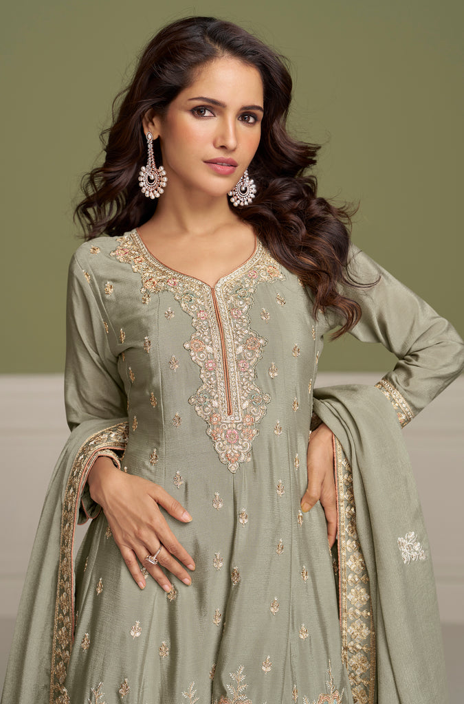 Sage Green Designer Embroidered Party Wear Kurti Style Palazzo Suit