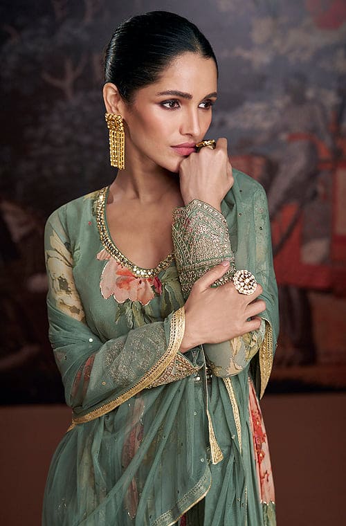 Sage Green Designer Embroidered Pure Georgette Pant Style Anarkali Gown-Saira's Boutique