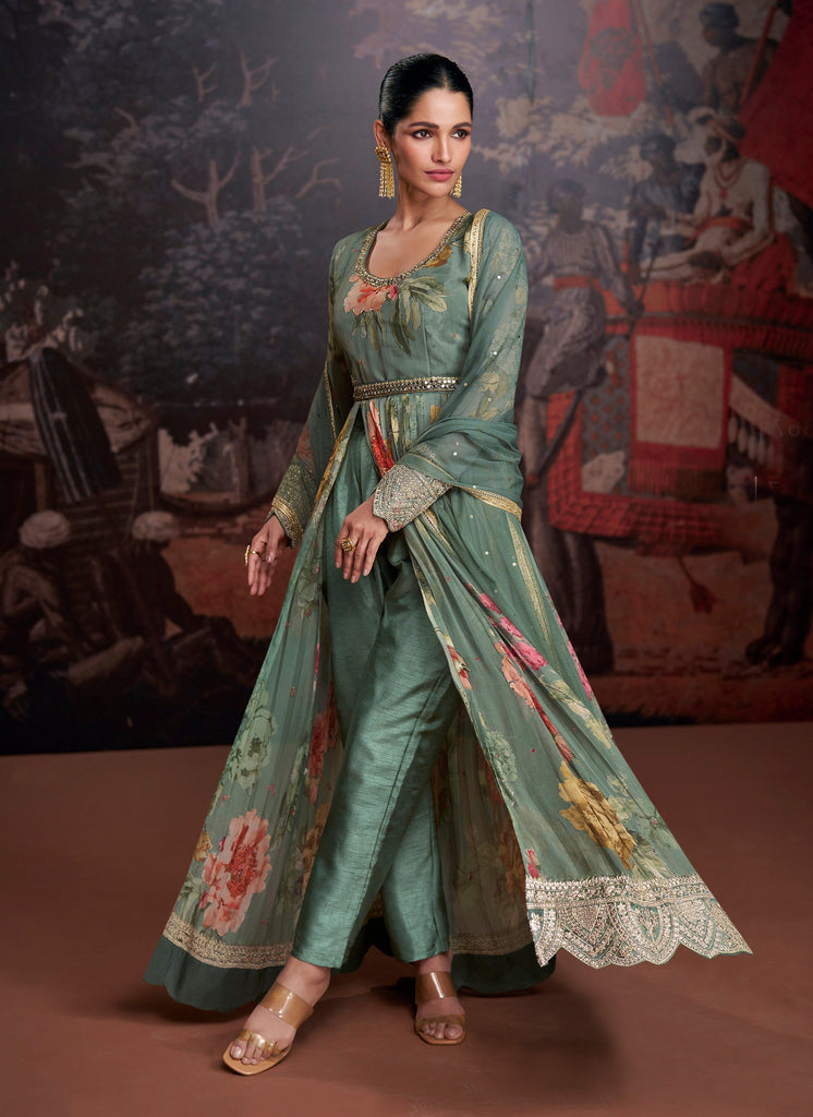 Sage Green Designer Embroidered Pure Georgette Pant Style Anarkali Gown-Saira's Boutique