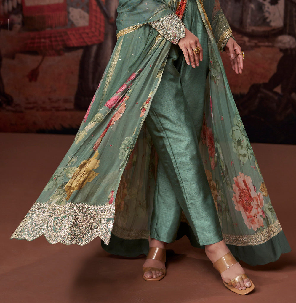 Sage Green Designer Embroidered Pure Georgette Pant Style Anarkali Gown-Saira's Boutique