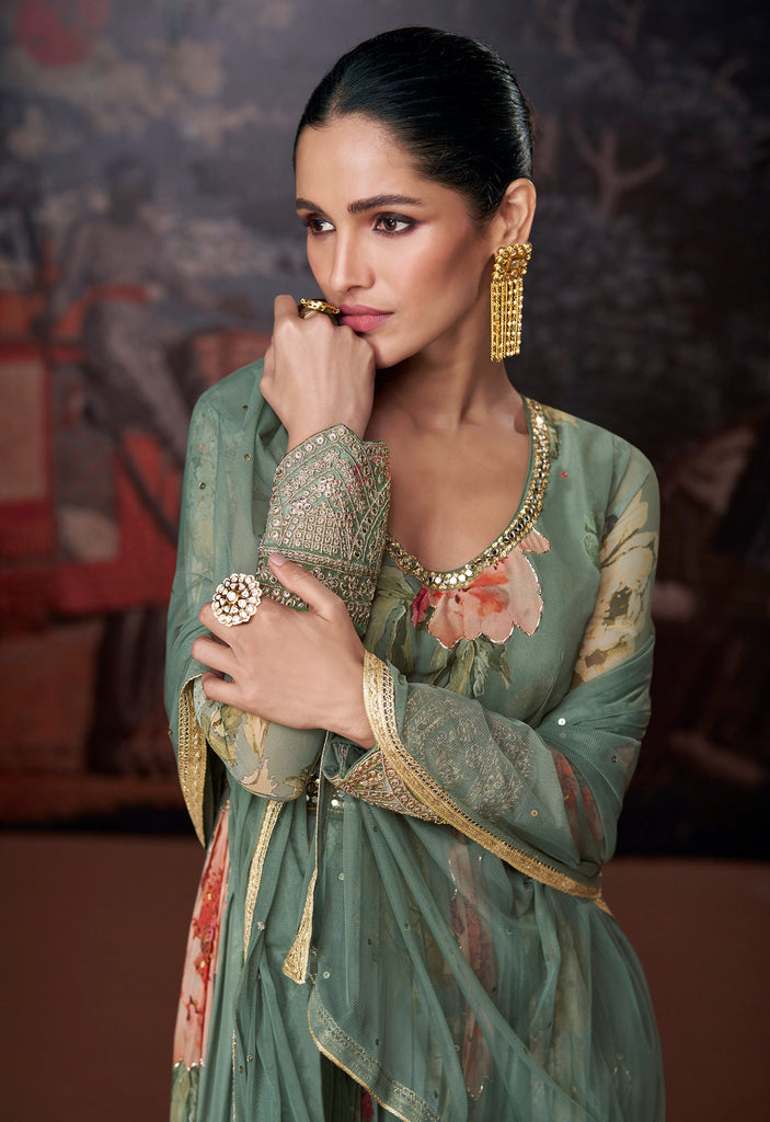 Sage Green Designer Embroidered Pure Georgette Pant Style Anarkali Gown-Saira's Boutique