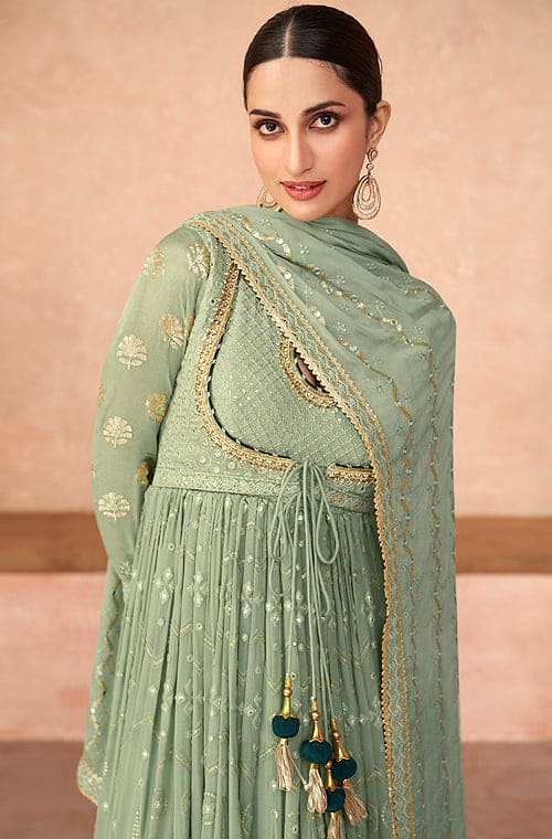 Sage Green Designer Heavy Embroidered Georgette Anarkali Gown-Saira's Boutique