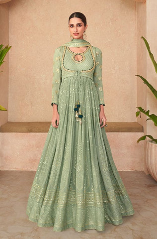 Olive Green Designer Embroidered Georgette Floral Print Anarkali Gown