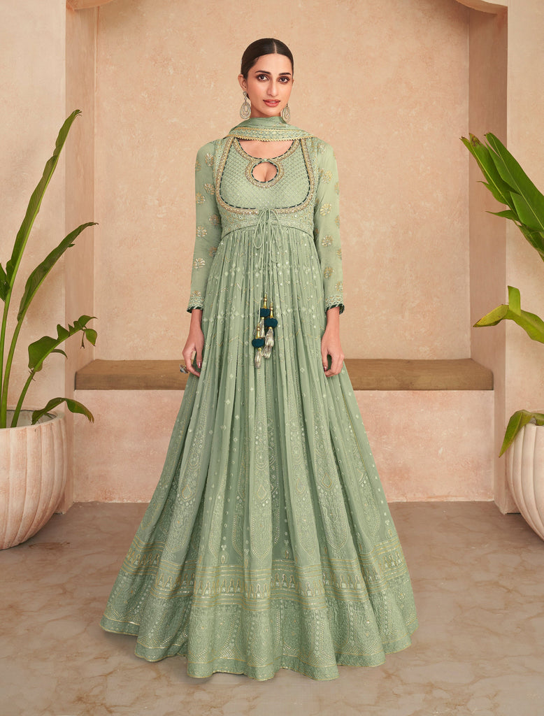 Sage Green Designer Heavy Embroidered Georgette Anarkali Gown-Saira's Boutique