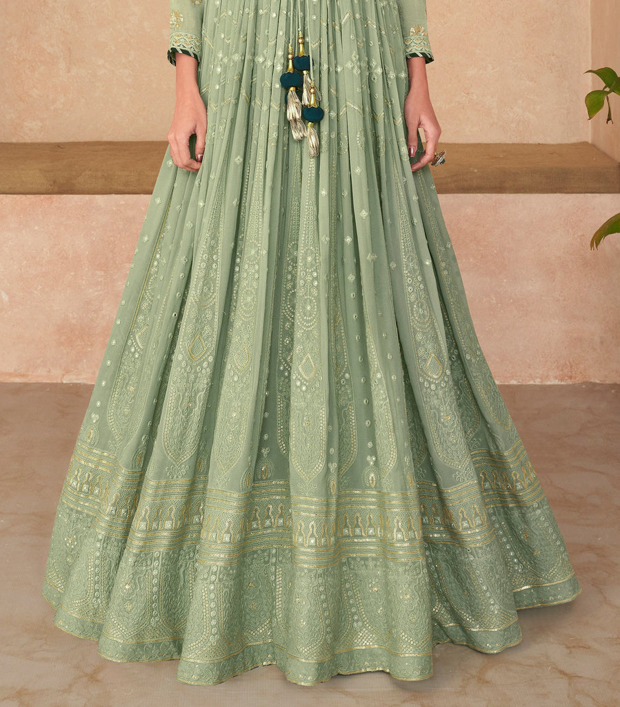 Sage Green Designer Heavy Embroidered Georgette Anarkali Gown-Saira's Boutique