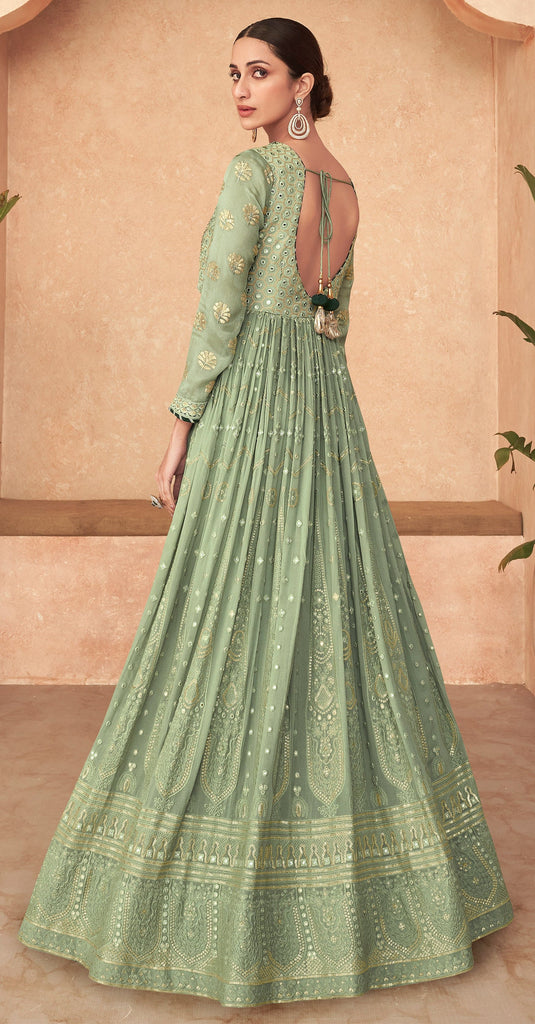 Sage Green Designer Heavy Embroidered Georgette Anarkali Gown-Saira's Boutique