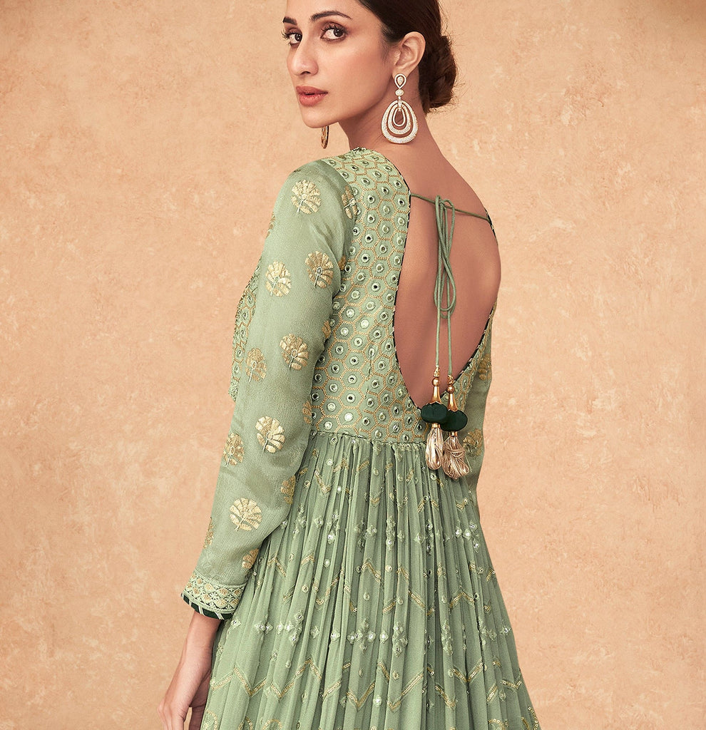 Sage Green Designer Heavy Embroidered Georgette Anarkali Gown-Saira's Boutique