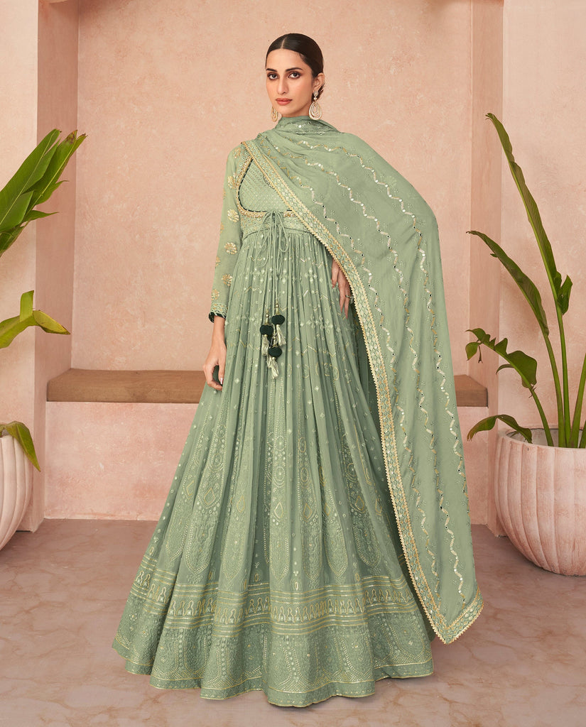 Sage Green Designer Heavy Embroidered Georgette Anarkali Gown-Saira's Boutique