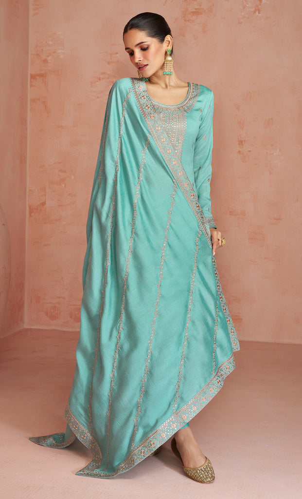 Sea Green Designer Embroidered Silk Party Wear Palazzo Suit-Saira's Boutique