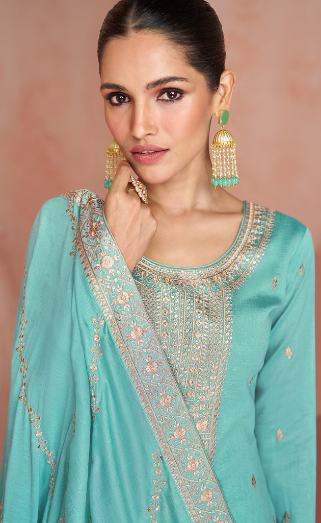 Sea Green Designer Embroidered Silk Party Wear Palazzo Suit-Saira's Boutique