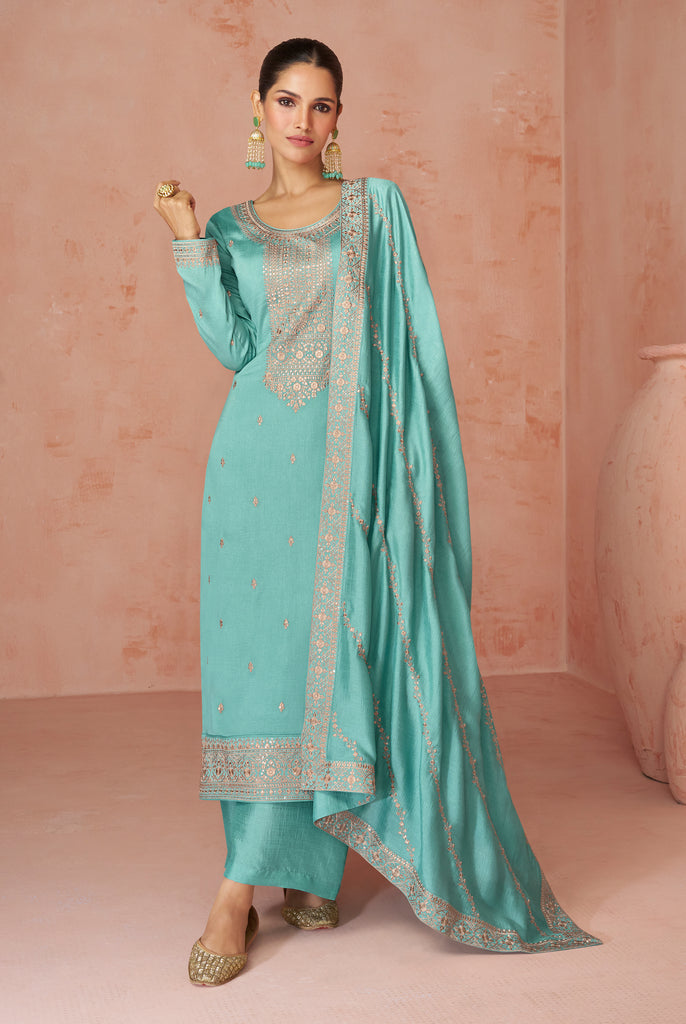 Sea Green Designer Embroidered Silk Party Wear Palazzo Suit-Saira's Boutique