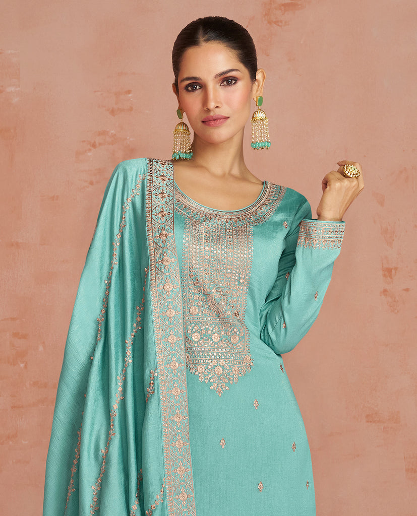 Sea Green Designer Embroidered Silk Party Wear Palazzo Suit-Saira's Boutique