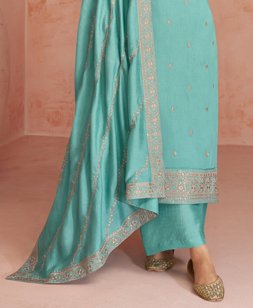 Sea Green Designer Embroidered Silk Party Wear Palazzo Suit-Saira's Boutique