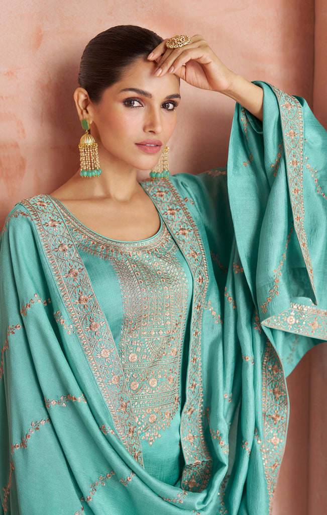 Sea Green Designer Embroidered Silk Party Wear Palazzo Suit-Saira's Boutique