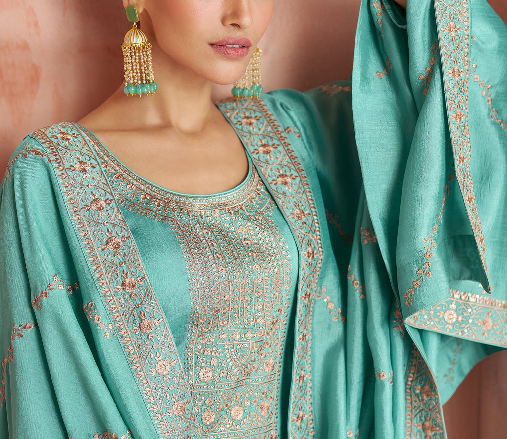 Sea Green Designer Embroidered Silk Party Wear Palazzo Suit-Saira's Boutique