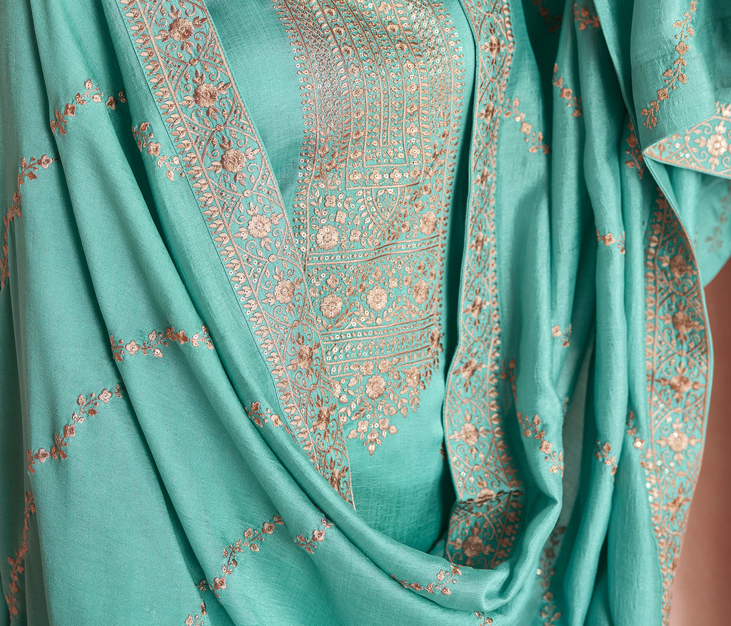 Sea Green Designer Embroidered Silk Party Wear Palazzo Suit-Saira's Boutique