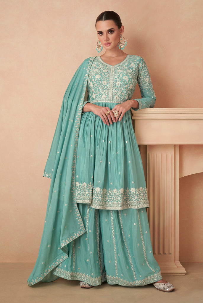 Sea Green Designer Embroidered Silk Party Wear Sharara Suit-Saira's Boutique