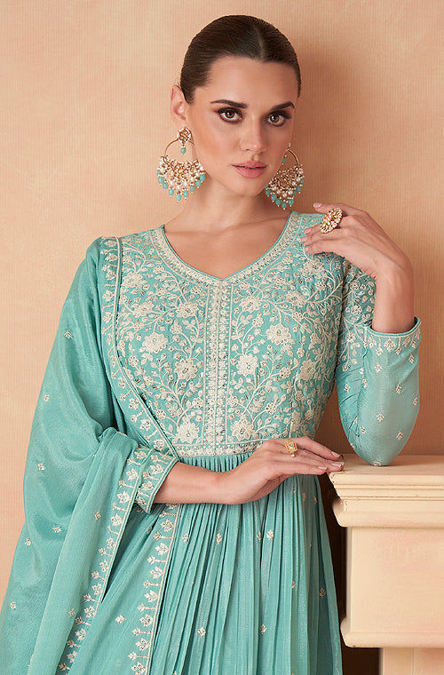 Sea Green Designer Embroidered Silk Party Wear Sharara Suit-Saira's Boutique