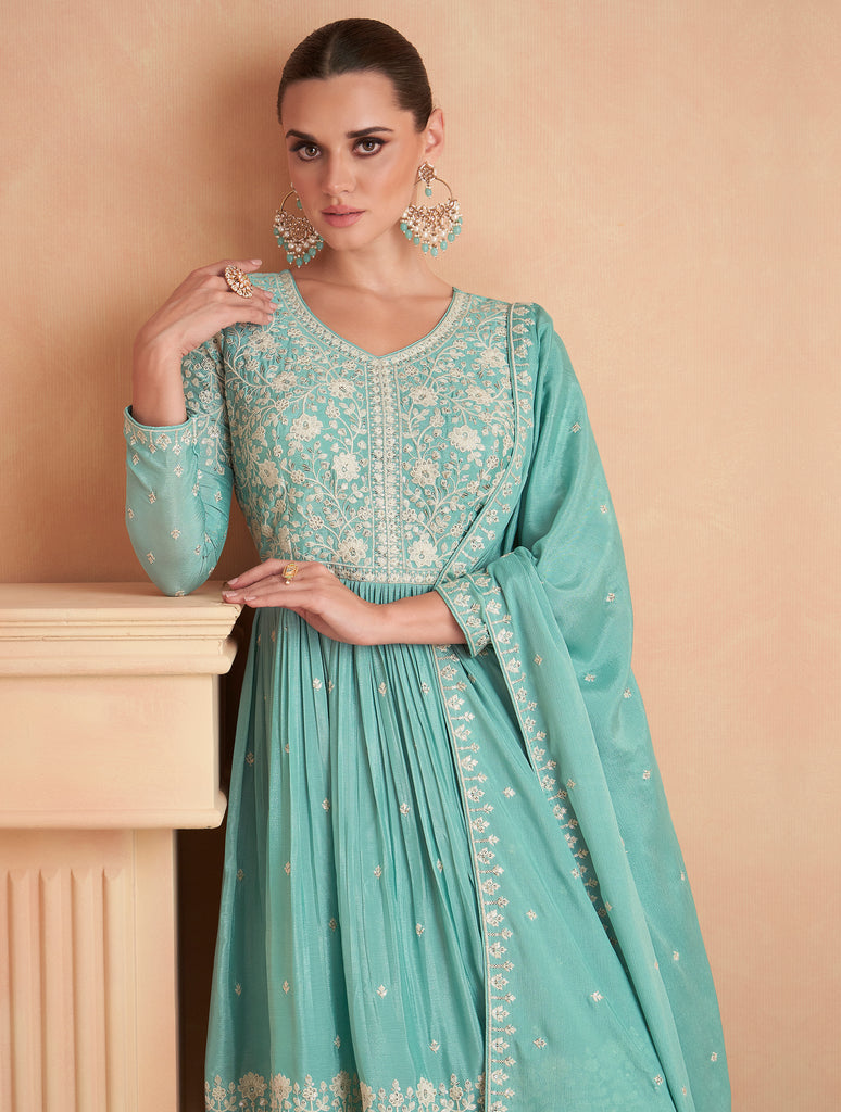 Sea Green Designer Embroidered Silk Party Wear Sharara Suit-Saira's Boutique