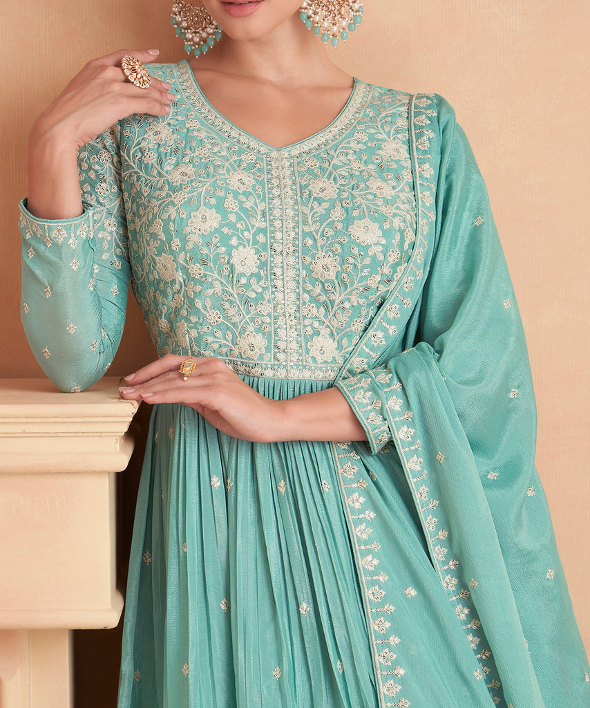 Sea Green Designer Embroidered Silk Party Wear Sharara Suit-Saira's Boutique