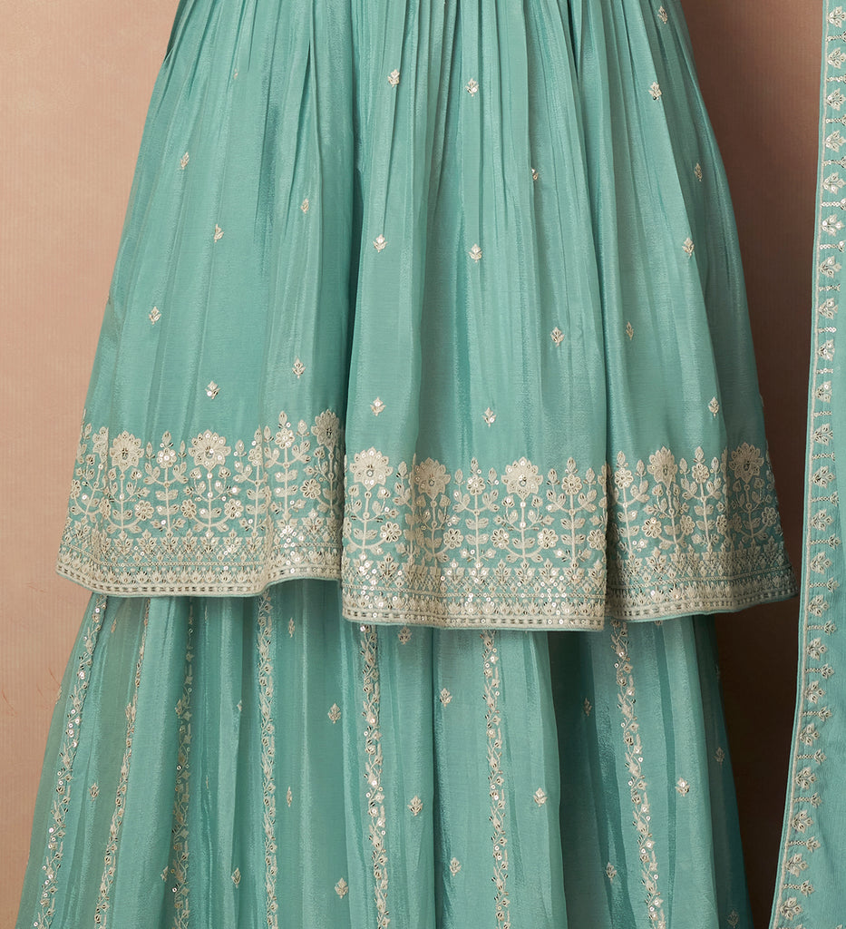 Sea Green Designer Embroidered Silk Party Wear Sharara Suit-Saira's Boutique