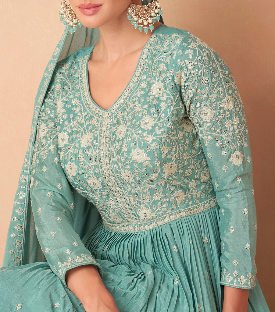 Sea Green Designer Embroidered Silk Party Wear Sharara Suit-Saira's Boutique
