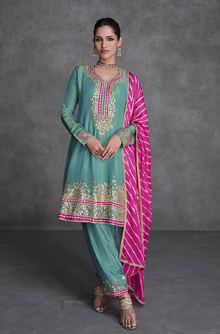Rose Pink Designer Embroidered Silk Party Wear Palazzo Suit