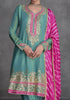 Sea Green & Pink Designer Embroidered Organza Silk Anarkali Salwar Suit-Saira's Boutique