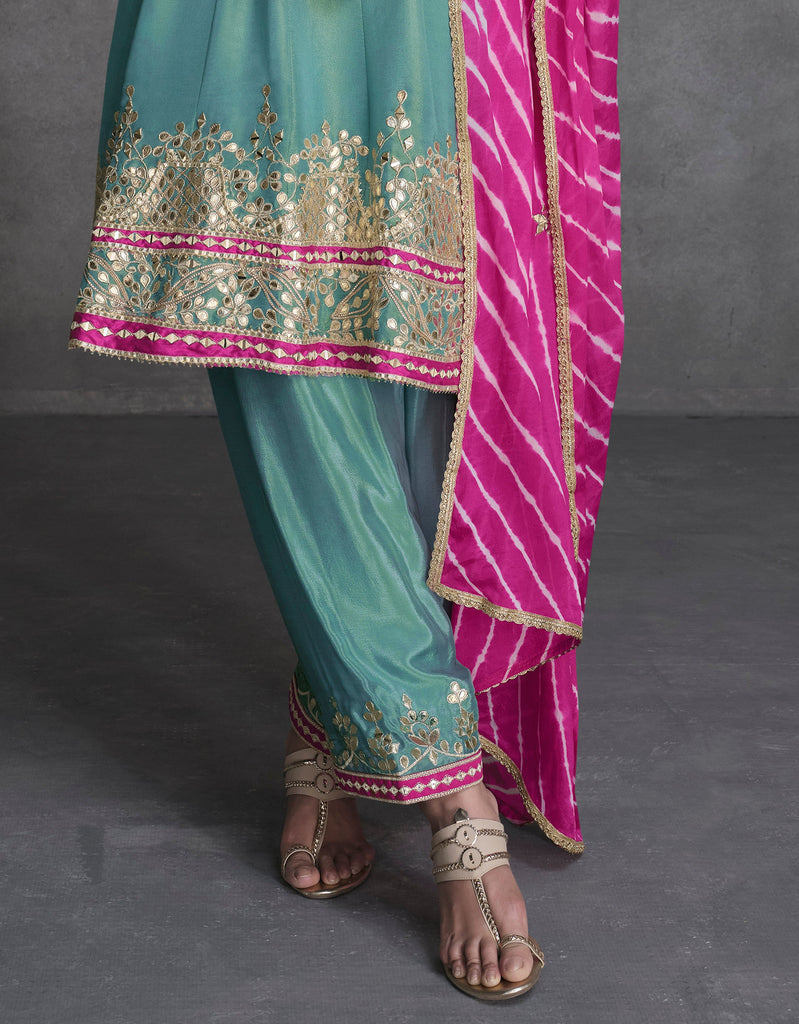 Sea Green & Pink Designer Embroidered Organza Silk Anarkali Salwar Suit-Saira's Boutique