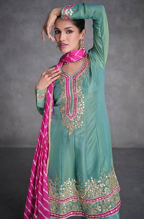 Sea Green & Pink Designer Embroidered Organza Silk Anarkali Salwar Suit-Saira's Boutique