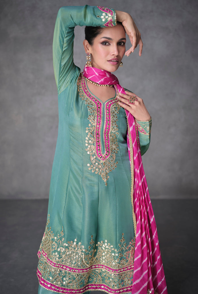 Sea Green & Pink Designer Embroidered Organza Silk Anarkali Salwar Suit-Saira's Boutique