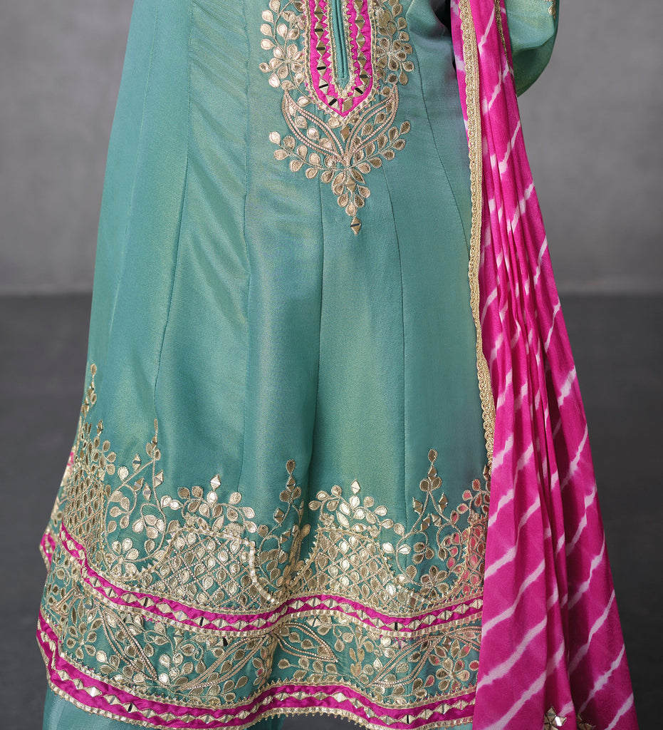 Sea Green & Pink Designer Embroidered Organza Silk Anarkali Salwar Suit-Saira's Boutique