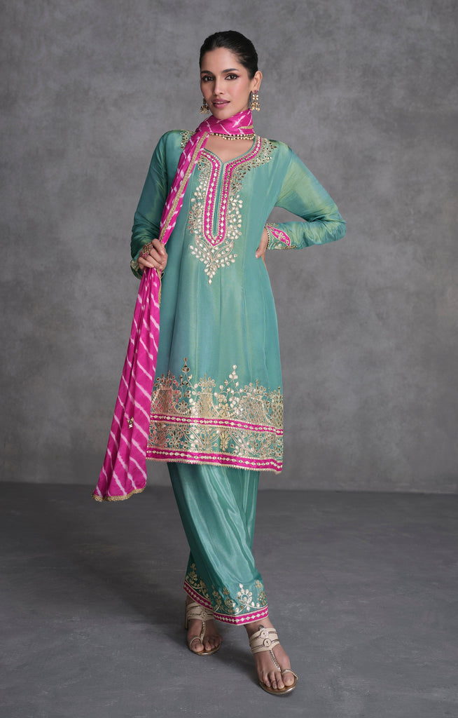 Sea Green & Pink Designer Embroidered Organza Silk Anarkali Salwar Suit-Saira's Boutique