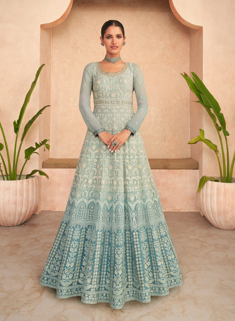 Shaded Blue Designer Heavy Embroidered Georgette Anarkali Gown-Saira's Boutique