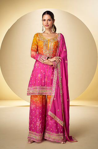 Shaded Orange Designer Embroidered Crepe Silk Party Wear Kaftan Suit