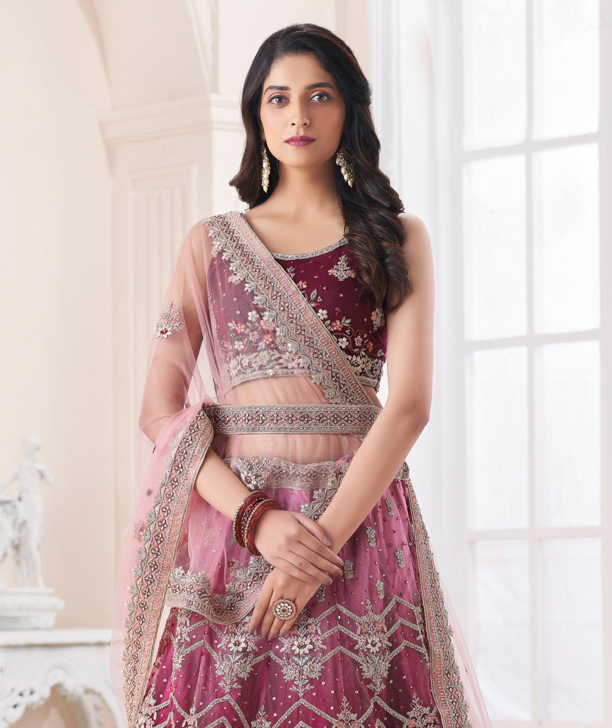 Shaded Wine Designer Heavy Embroidered Art Silk Bridal Lehenga-Saira's Boutique