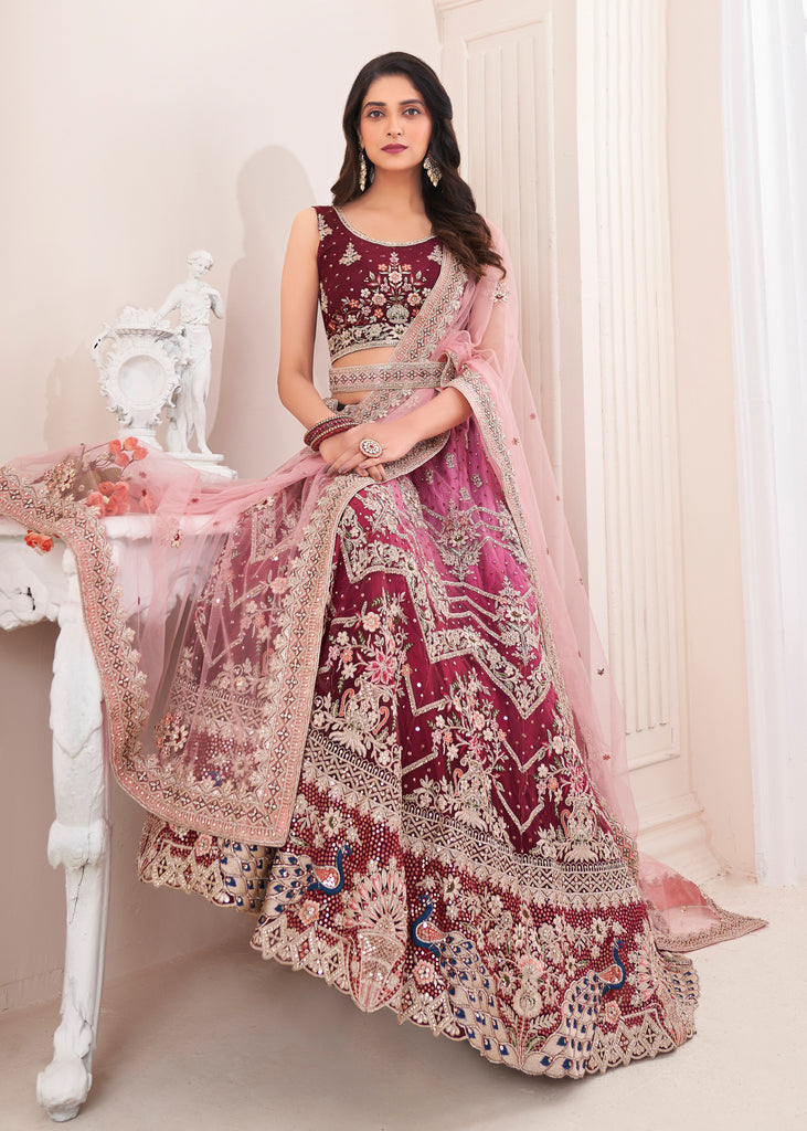 Shaded Wine Designer Heavy Embroidered Art Silk Bridal Lehenga-Saira's Boutique